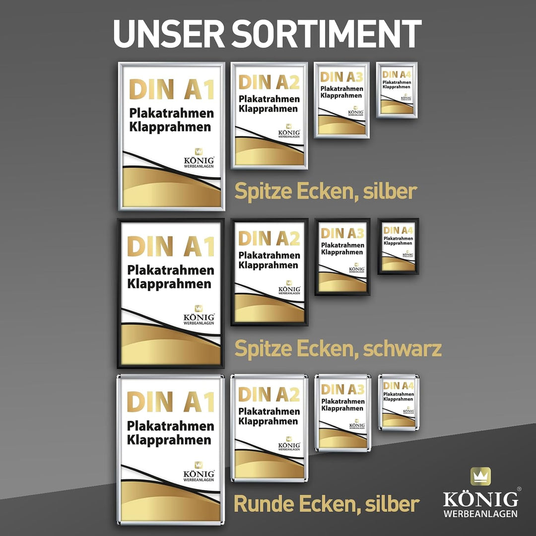 5 Plakatrahmen DIN A2 | abgerundete Ecken | 25mm Alu Profil, Silber | inkl. entspiegelter Schutzsche