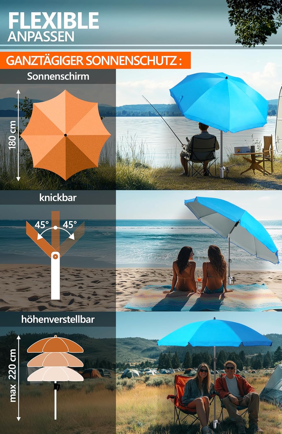 4smile Sonnenschirm Strand Ø 200 cm mit Eindrehbodenhülse, Blau | Strandschirm windfest stabil mit E