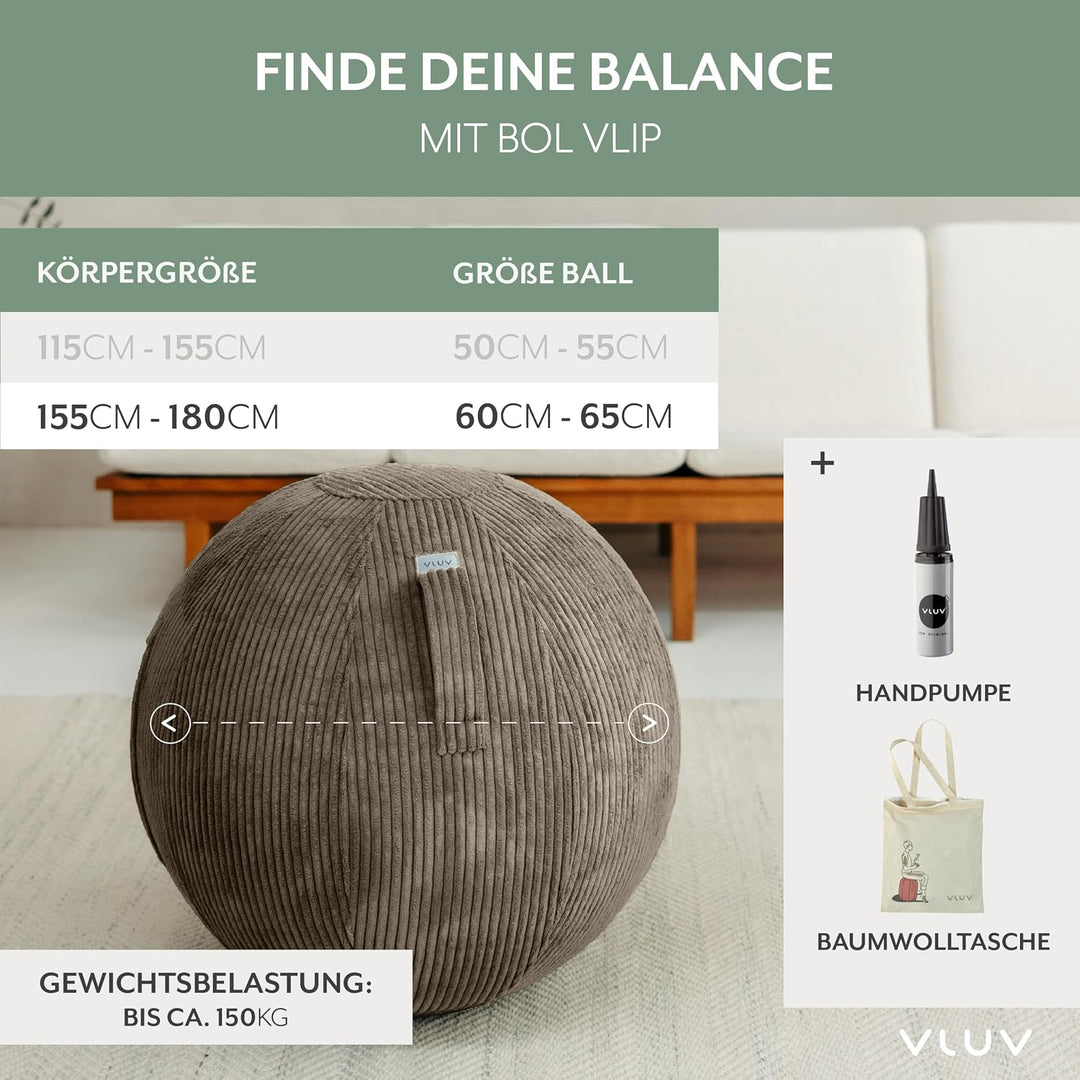 VLUV® BOL VLIP Sitzball Büro Ergonomisch [Atmungsaktiv mit Tragegriff und Wegrollschutz] Waschbarer
