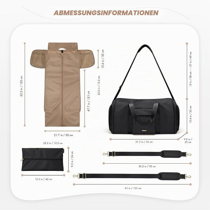 2-in-1 Kleidersack Handgepäck Flugzeug 48L, Wasserdicht Knitterfrei Reisetasche mit Schuhfach &amp; Troc