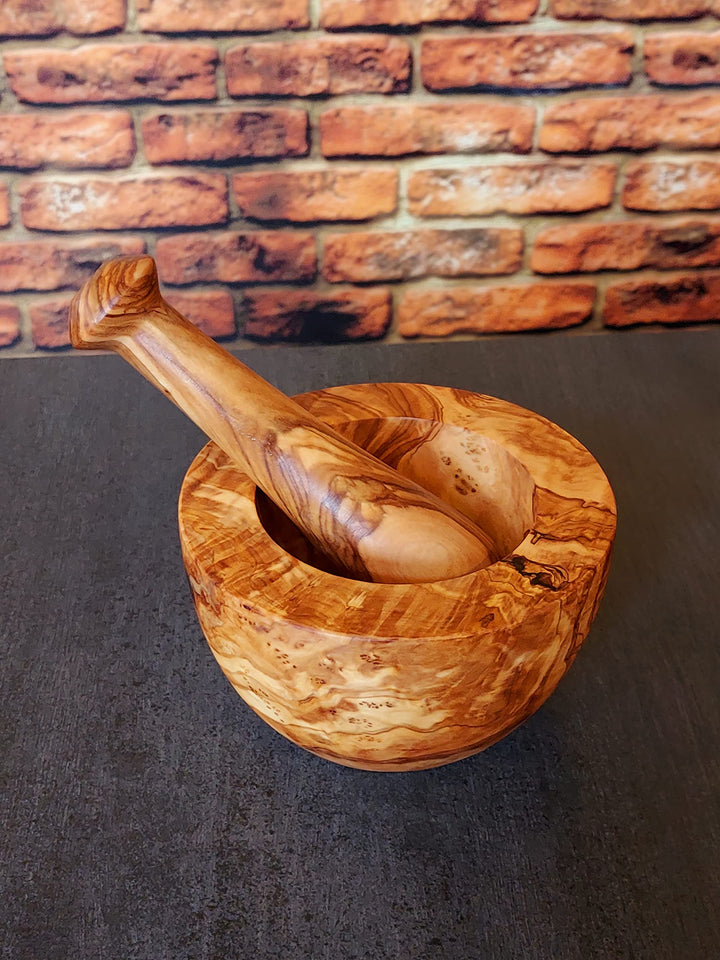 Handmade Olivenholz Mörser mit Stössel Ø 14 cm, Holzmörser, Gewürzmühle, Gewürz Mörser, handgefertig