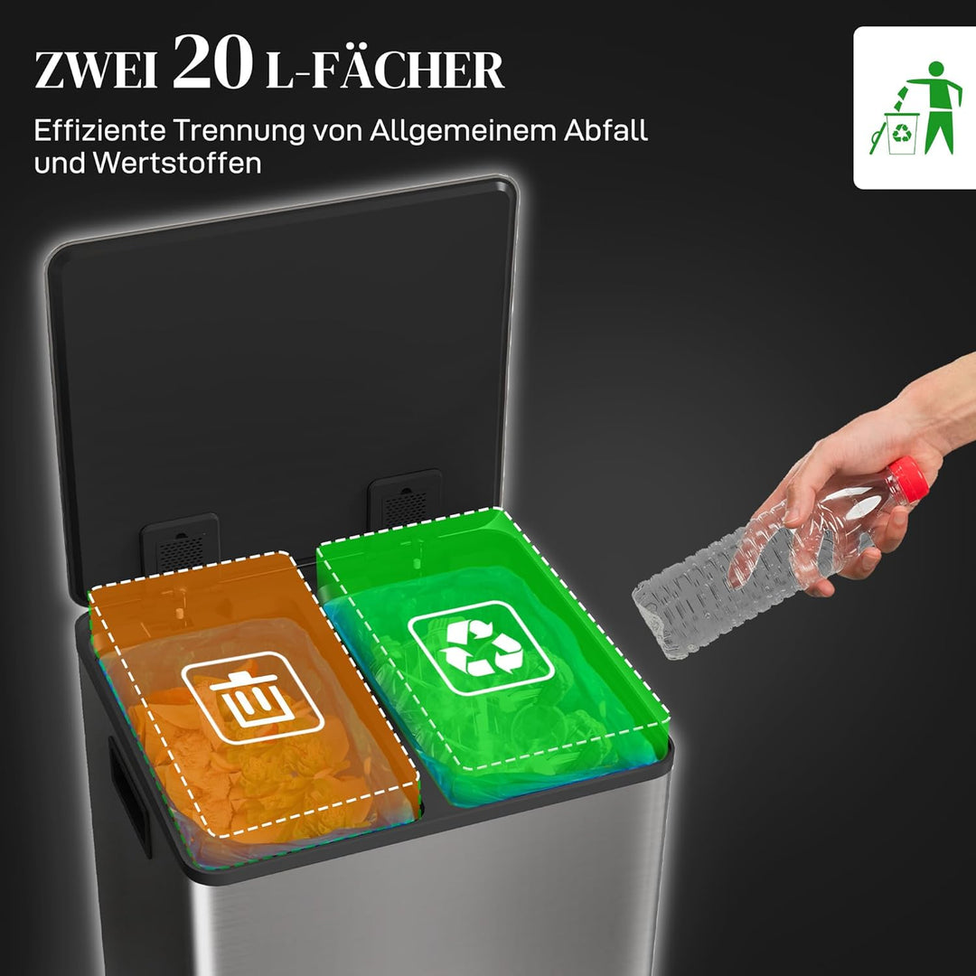 HOMCOM Mülleimer Küche 2x20 L Treteimer mit Softclose-Deckel Pedal Fingerabdruckfreie Edelstahl Müll