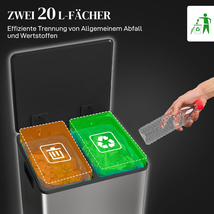 HOMCOM Mülleimer Küche 2x20 L Treteimer mit Softclose-Deckel Pedal Fingerabdruckfreie Edelstahl Müll