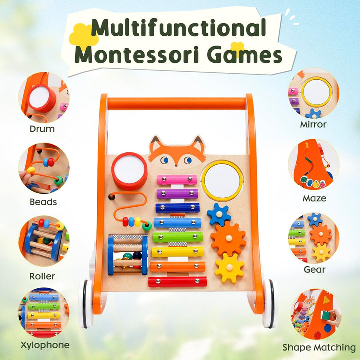 Lauflernwagen Holz für Kleinkinder, Multifunktionale Lauflernhilfe mit Spielbrett und Musik, Laufler
