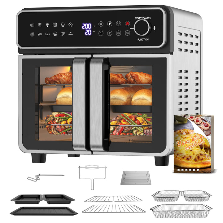 Emphsism Heissluftfritteuse XXL 23L - Mini Backofen Variable Flex-Zone, French Door Airfryer 2 Kamme