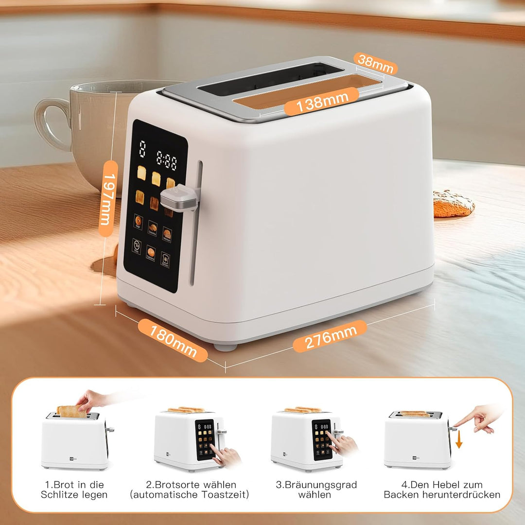 aeco toastlab MAX Toaster 2 Scheiben, LED Touchscreen, 850W, 6 Bräunungsstufen, mit Brötchenaufsatz,