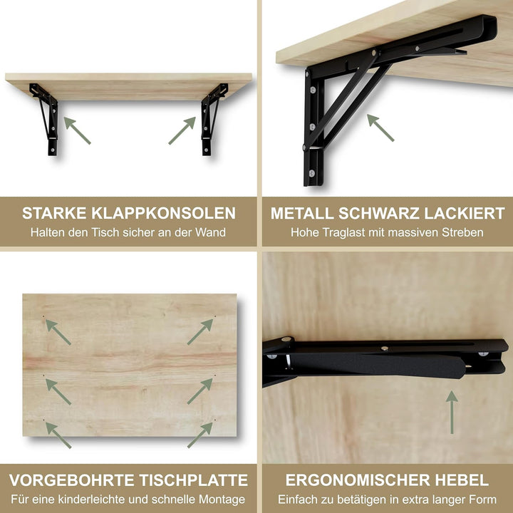 KDR Wandklapptisch 60x40 cm – Klapptisch zur Wandmontage, platzsparender Wandtisch, klappbarer Essti