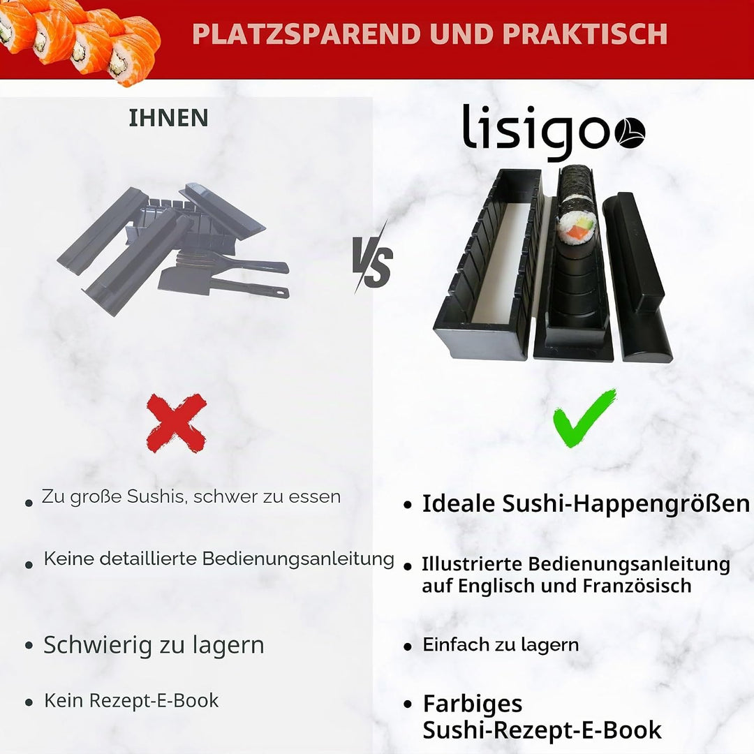 lisigoo Sushi maki maker Komplettset - Maki Maker Set - Maki Maker Set - Koffer mit Bambusmatte, Jap