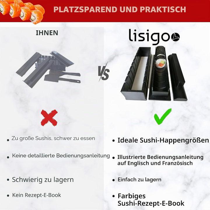 lisigoo Sushi maki maker Komplettset - Maki Maker Set - Maki Maker Set - Koffer mit Bambusmatte, Jap