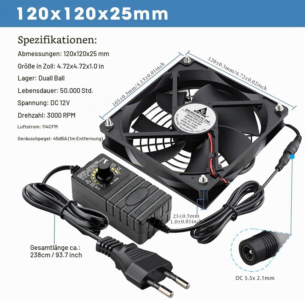 GDSTIME 12V 120mm Lüfter 120mm Gehäuselüfter mit Geschwindigkeitskontrolle AC 220V - 240V Lüfter 300