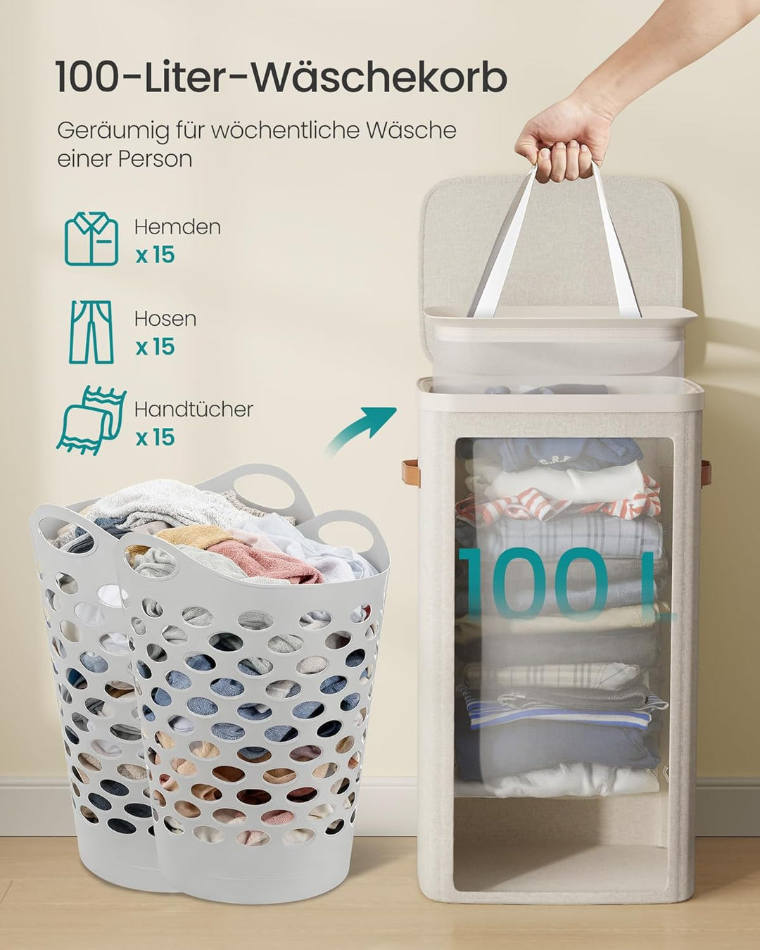 SONGMICS Wäschekorb, 100 L Wäschesammler, Wäschetonne, leichter Aufbau, mit Deckel und Griffen, hera