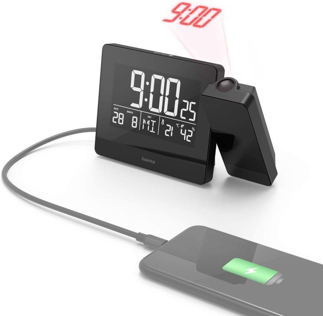 Hama Projektionswecker mit USB-Anschluss (Digitaler Funkwecker mit Touch-Screen, Wecker mit Projekti