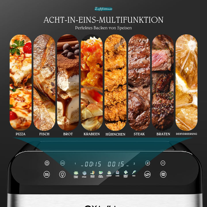 Heissluftfritteuse mit Sichtfenster, 10L XL Kapazität Doppel-Airfryer, 8-in-1 Kochvorgaben, LED Touc