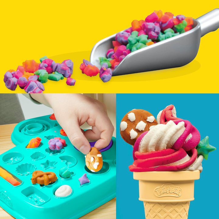 Play-Doh Bunte Regenbogen Eismaschine, 2 x 56g einfarbig & 3 x 56g zweifarbig, Spielküchen-Set mit Z