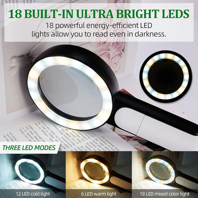 BUSATIA Lupe mit 18 Led Licht, 30X Handlupe Leselupe mit 3 Beleuchtungsmodi, Vergrösserungsglas zum