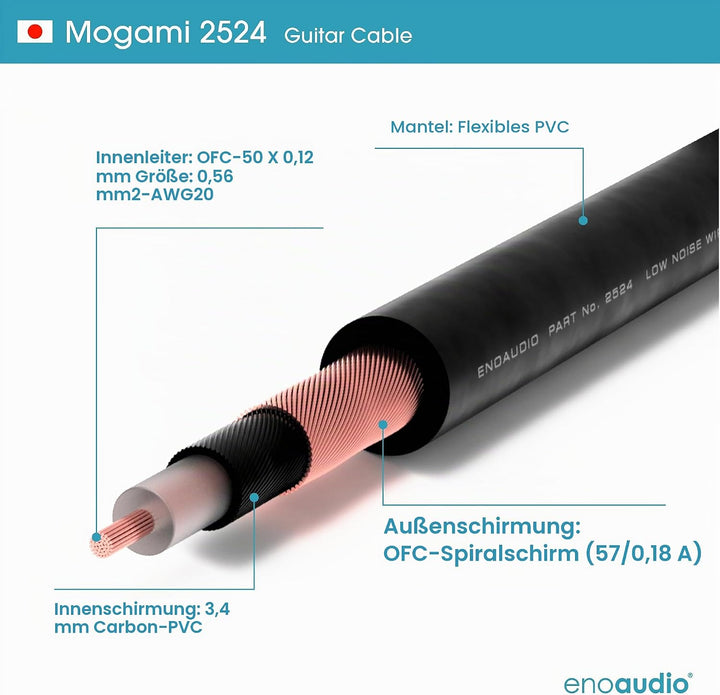 enoaudio Mogami 2524 Instrument Kabel | Neutrik Gold Silent Switch 6,3mm TS winkelklinke - 6,3mm TS