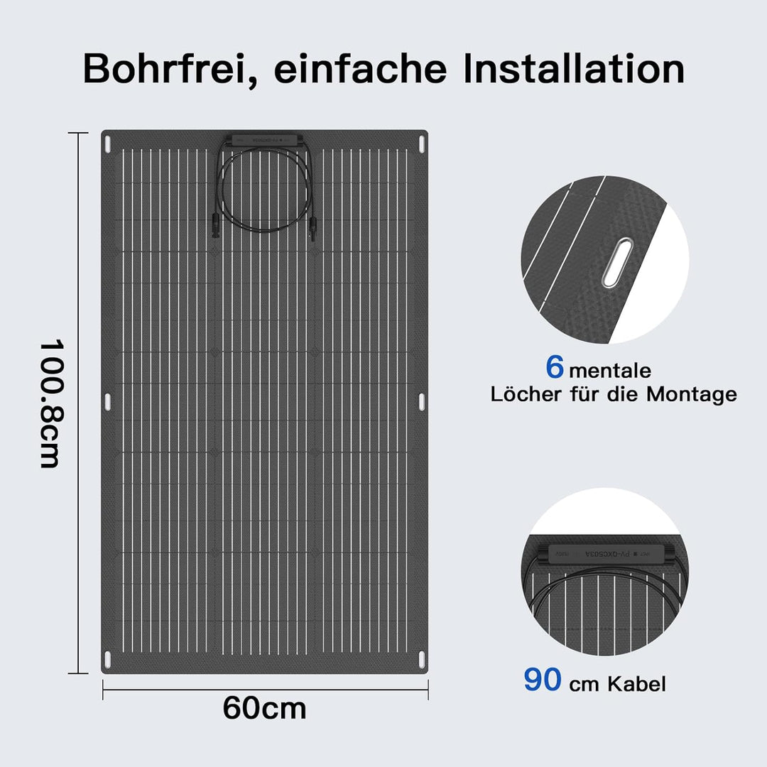 100W Flexibles Solarmodul, Leichtes ETFE Monokristallines 24V biegsames Solarpanel, IP68 Wasserdicht