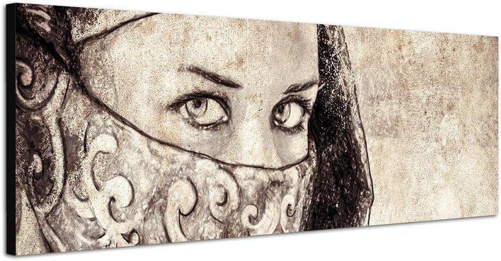 Paul Sinus Art Panoramabild auf Leinwand und Keilrahmen 150x50cm Arabien Frau Gesicht Schleier Grung