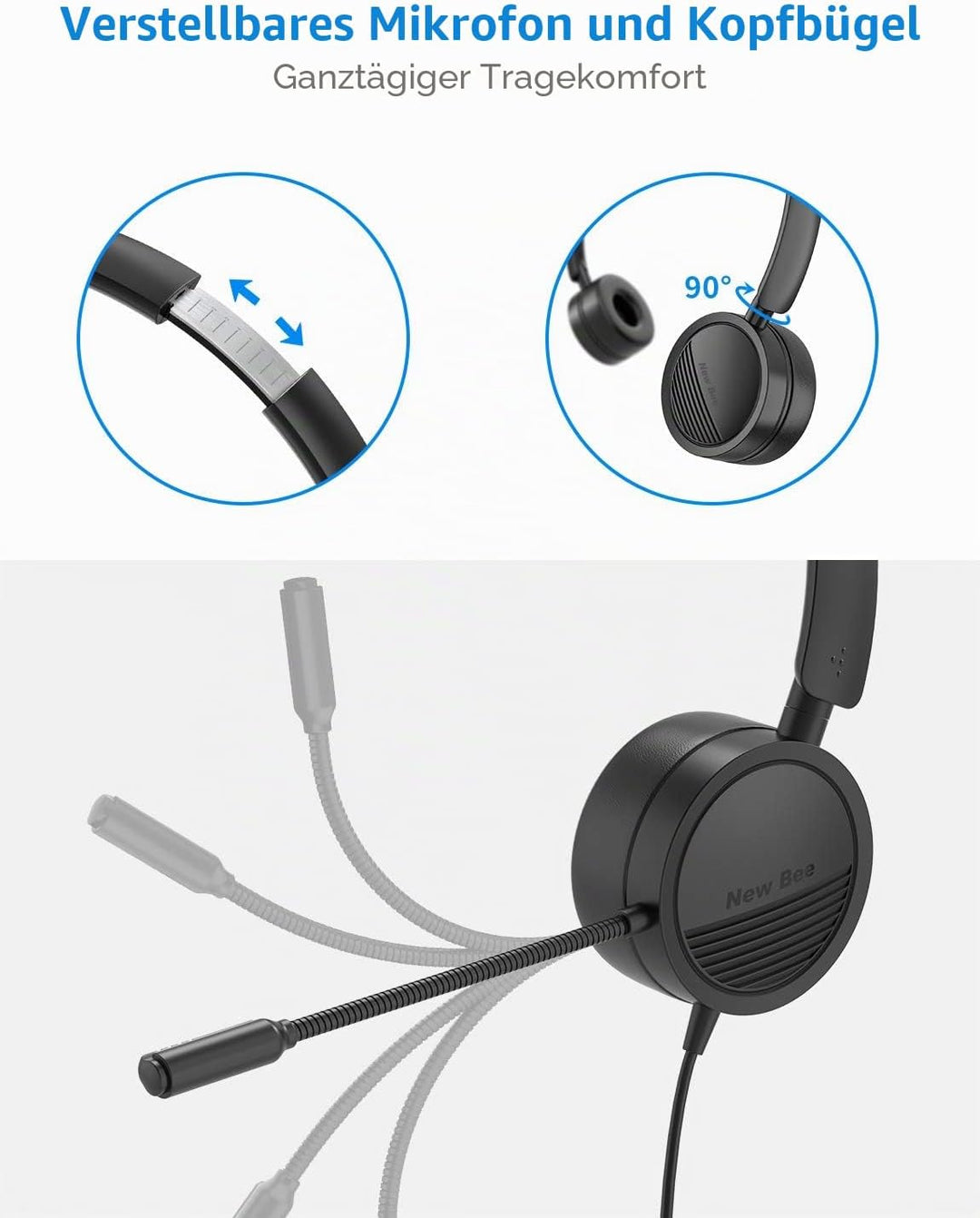 New Bee PC Headset mit Mikrofon USB/3,5mm Geräuschunterdrückendes Mikrofon Komfortabler, Leichter Bu