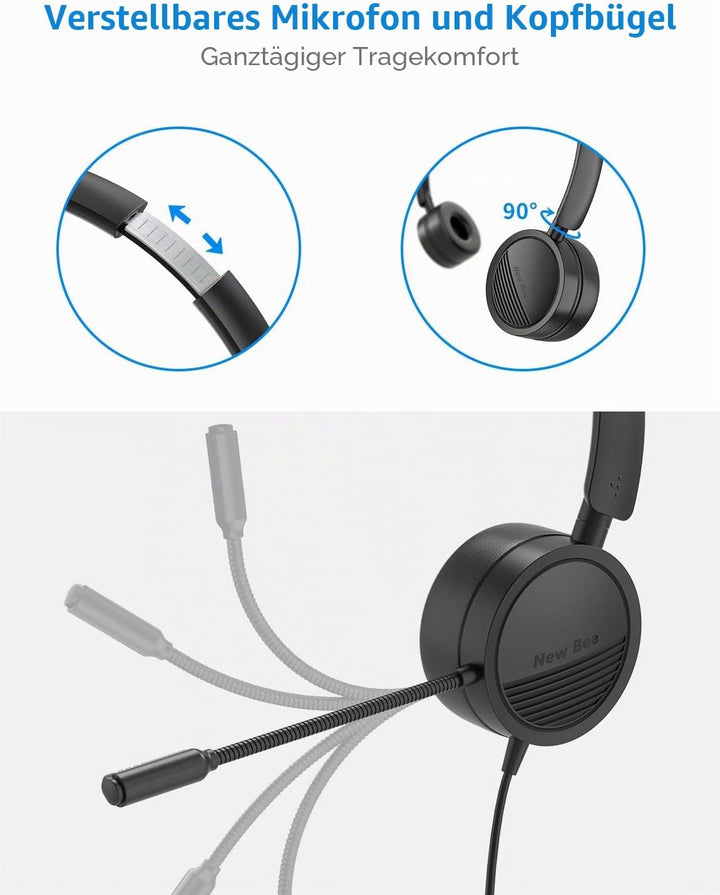 New Bee PC Headset mit Mikrofon USB/3,5mm Geräuschunterdrückendes Mikrofon Komfortabler, Leichter Bu