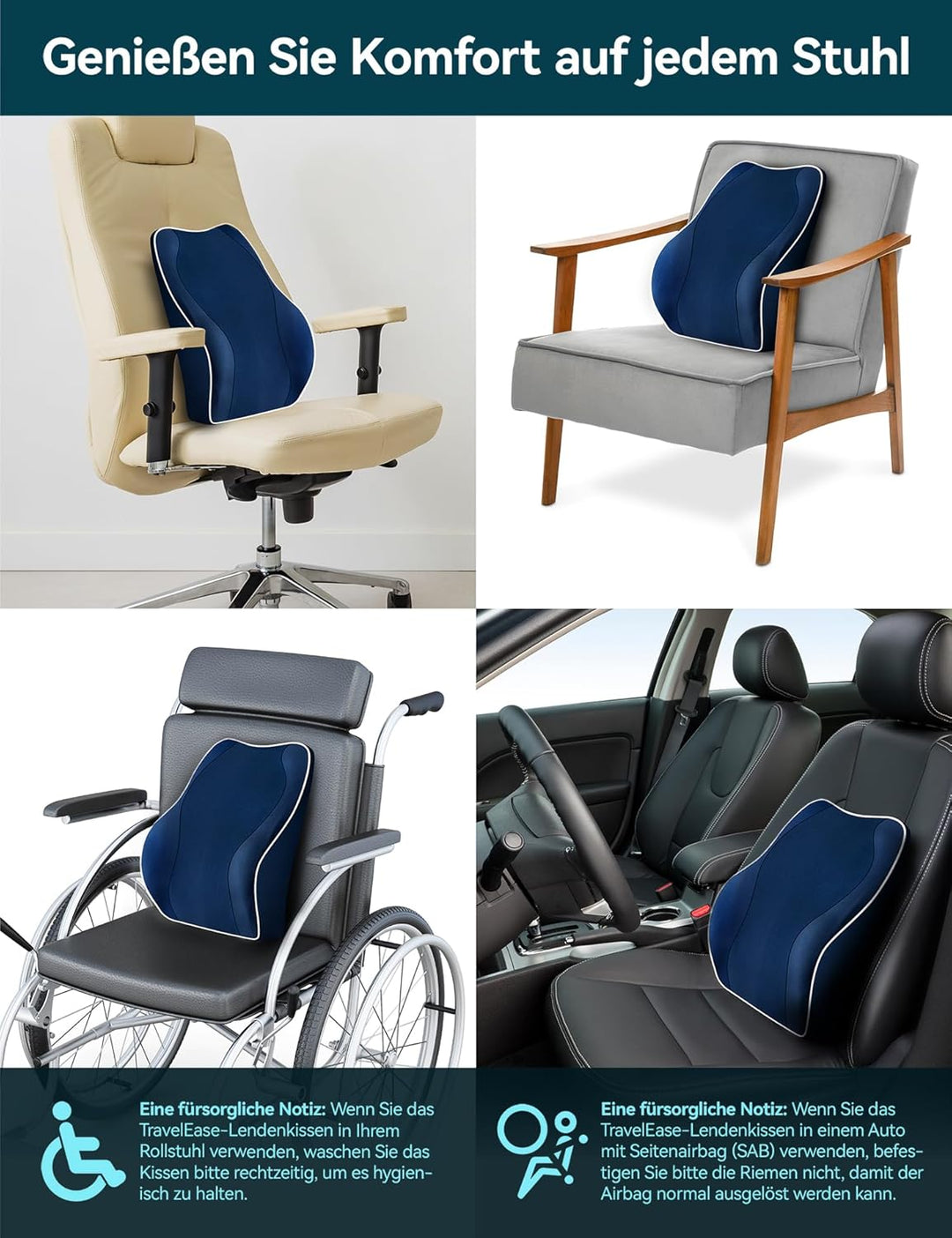 Travel Ease Ergonomisches RückenKissen aus Memory Foam, Lendenkissen für Bürostuhl, Autositz, Rollst