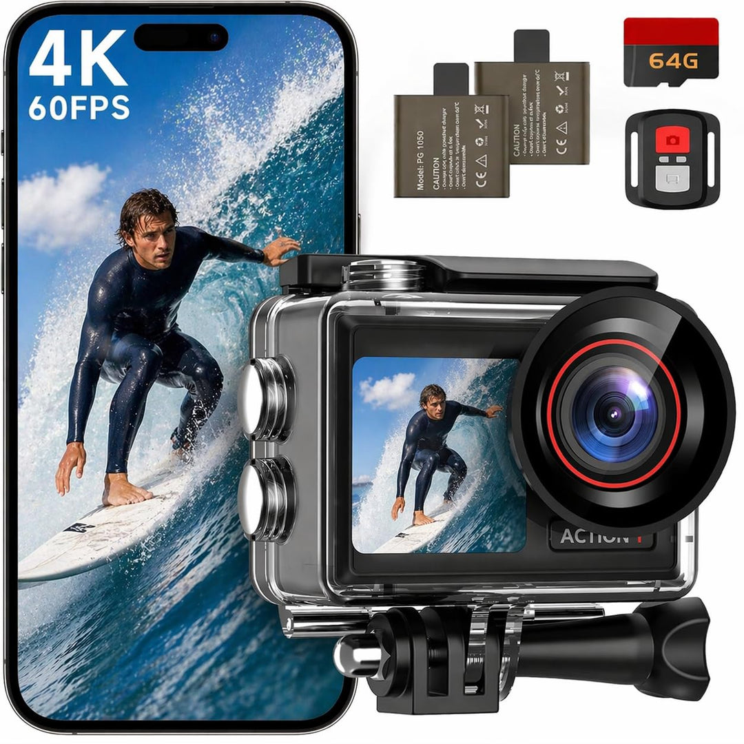 Action Cam 4K 60FPS, 40M Unterwasserkamera, 30MP HD Unterwasserkamera Schnorcheln 2 LCD Bildschirm,