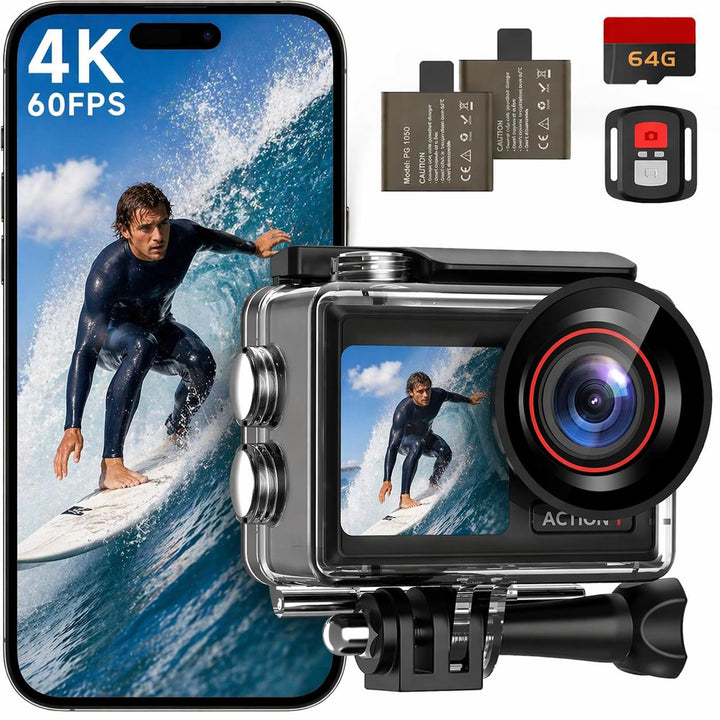 Action Cam 4K 60FPS, 40M Unterwasserkamera, 30MP HD Unterwasserkamera Schnorcheln 2 LCD Bildschirm,