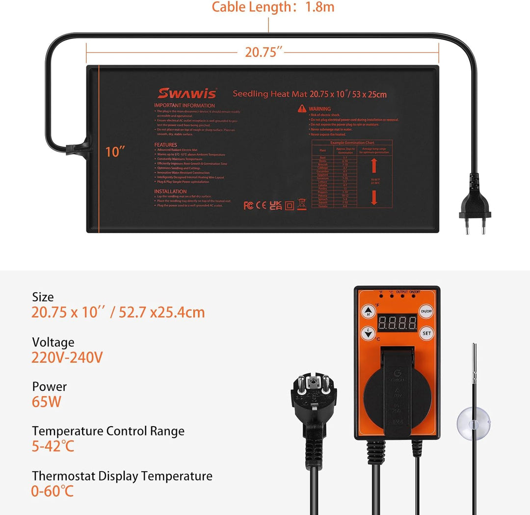 Heizmatte für Pflanzen 65W 52,7x25,4cm Wärmematte Set mit 5-45℃ Thermostatregler für Zimmergewächsha