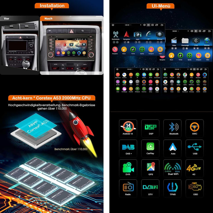 Android 14 8-Kern 4GB+64GB Autoradio Bluetooth 5.0 für Audi A4 S4 RS4 8E 8F B9 B7 RNS-E SEAT EXEO mi