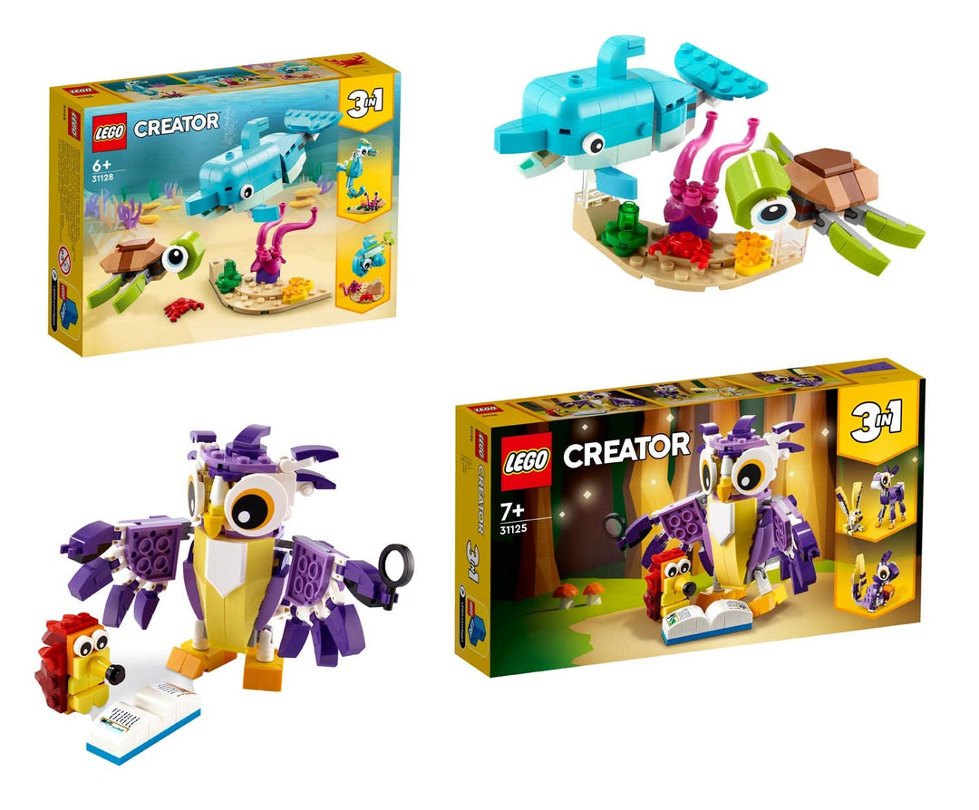 SET: LEGO Creator - Wald-Fabelwesen (31125) + Delfin und Schildkröte (31128) - Eule Hase Fisch Seepf