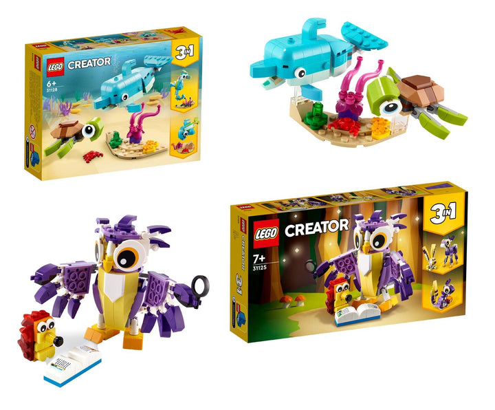 SET: LEGO Creator - Wald-Fabelwesen (31125) + Delfin und Schildkröte (31128) - Eule Hase Fisch Seepf