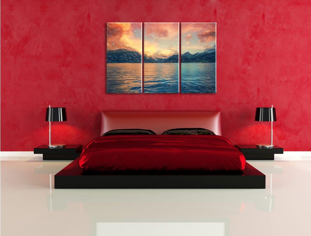 Pixxprint eine schöne Landschaft im Norden Kunst Buntstift Effekt 3-Teiler Leinwandbild 120x80 Bild