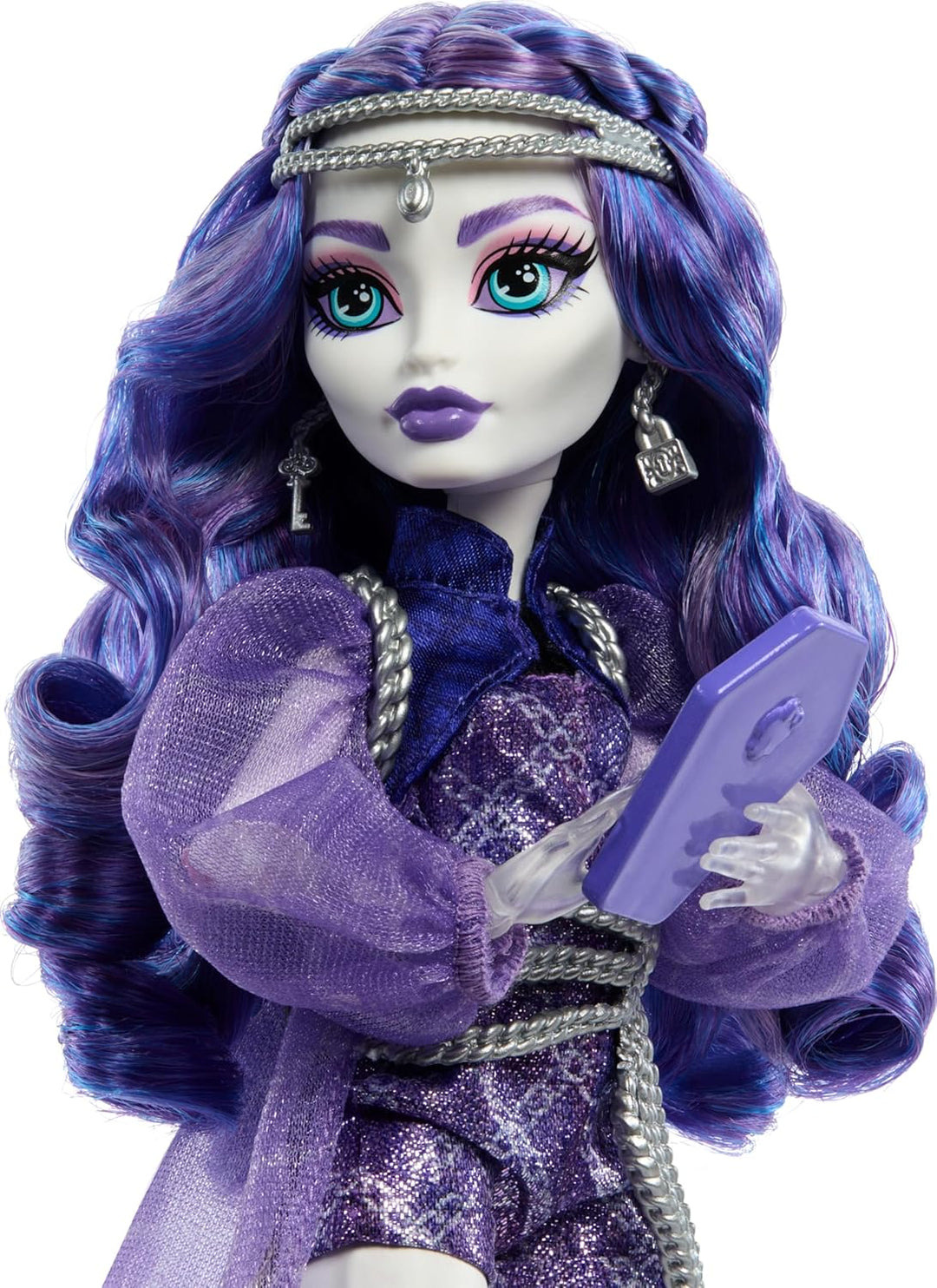 Monster High Spectra Vondergeist Puppe mit Frettchen Rhuen und Zubehörteilen wie Rucksack, Tablet, S
