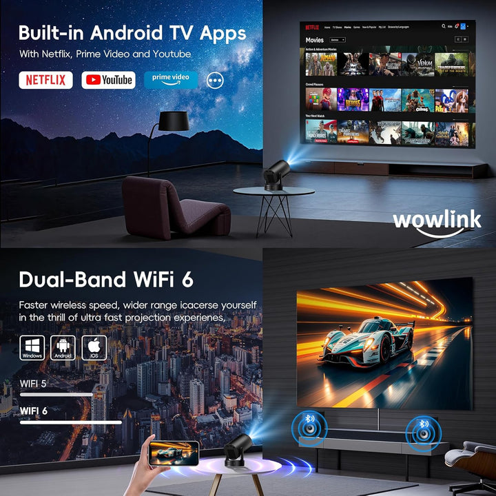 Mini Beamer Unterstützt 4K 1080P, Projektor Tragbarer mit WiFi 6 und Bluetooth 5.4, Beamer Klein Pro