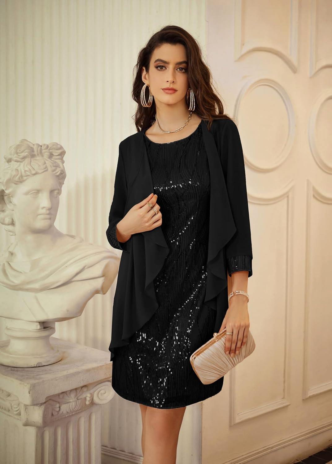 GRACE KARIN Damen Ärmelloses Rundhals Pailletten Cami Kleid Elegant Zweiteiler Tüll Cardigan Abendkl