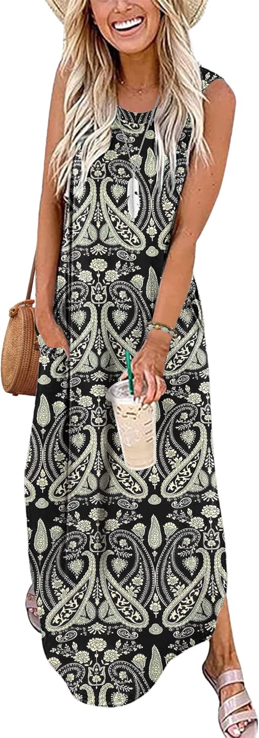 AUSELILY Maxikleider Damen Sommer Ärmellos Strandkleid Lang Sommer-Kleider Tank T-Shirt Kleid mit Ta