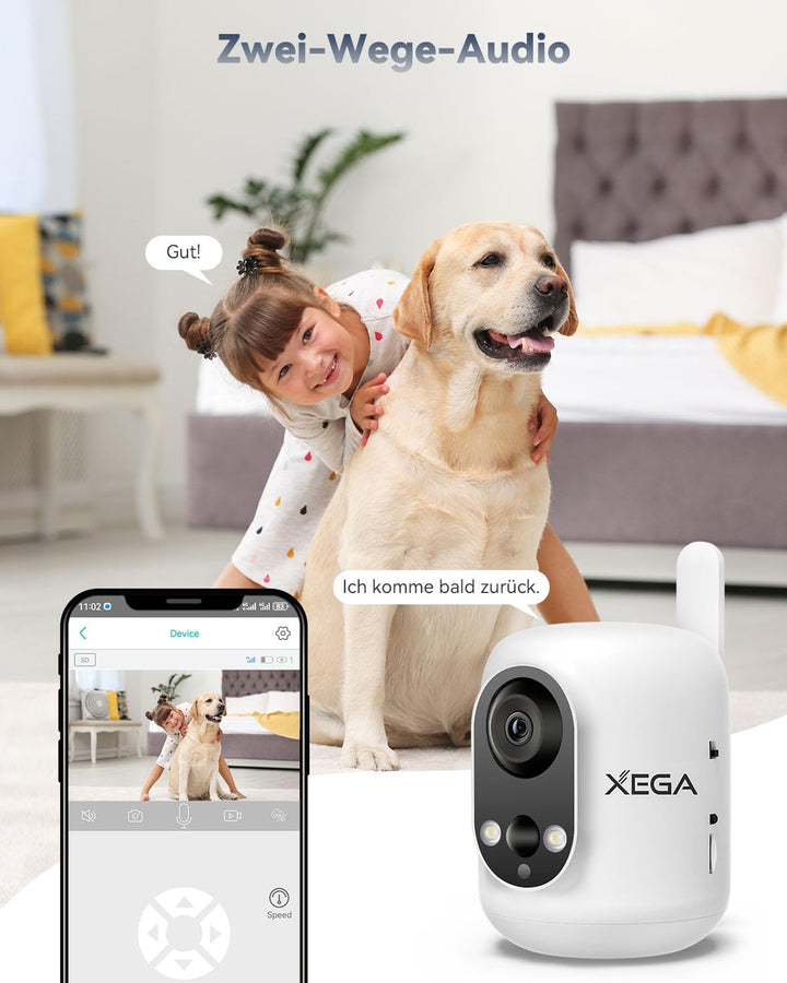Xega 4G LTE Überwachungskamera Innen mit SIM Karte Ohne WLAN, 2K Kabellose Kamera für Babys/Haustier