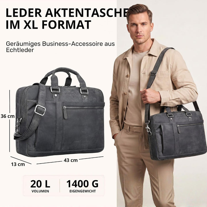 STILORD 'Nico' Grosse Businesstasche aus Hochwertigem Leder für 15.6 Zoll Laptop, Farbe:carbon - gra
