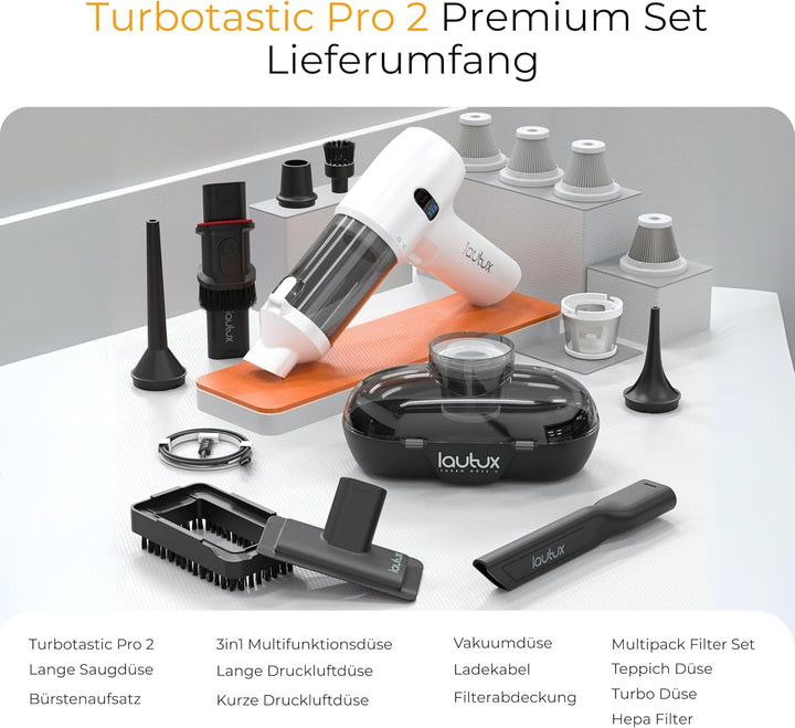 Turbotastic Pro 2 Handstaubsauger – 120W, 18.000Pa, bis 60 Min Laufzeit, HEPA-Filter, LED-Display, 4