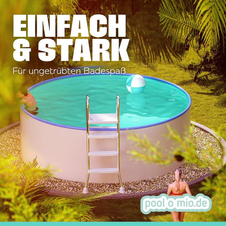 poolomio® Poolleiter Edelstahl mit Handlauf bis 120 cm | Einstiegsleiter mit 3 Stufen für Aufstellpo