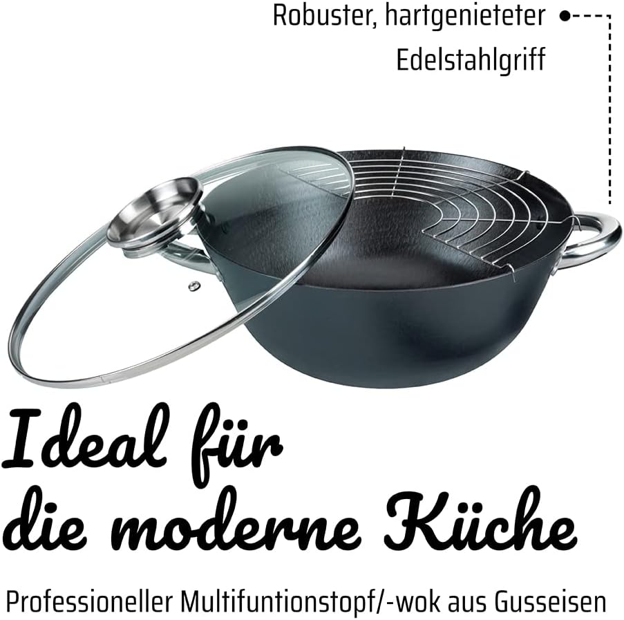 GSW 860956 GUSSEISEN PROFESSIONELL Multifunktionstopf/Wok-Set mit Glasdeckel 32cm / 5-teilig/ca. 6,2
