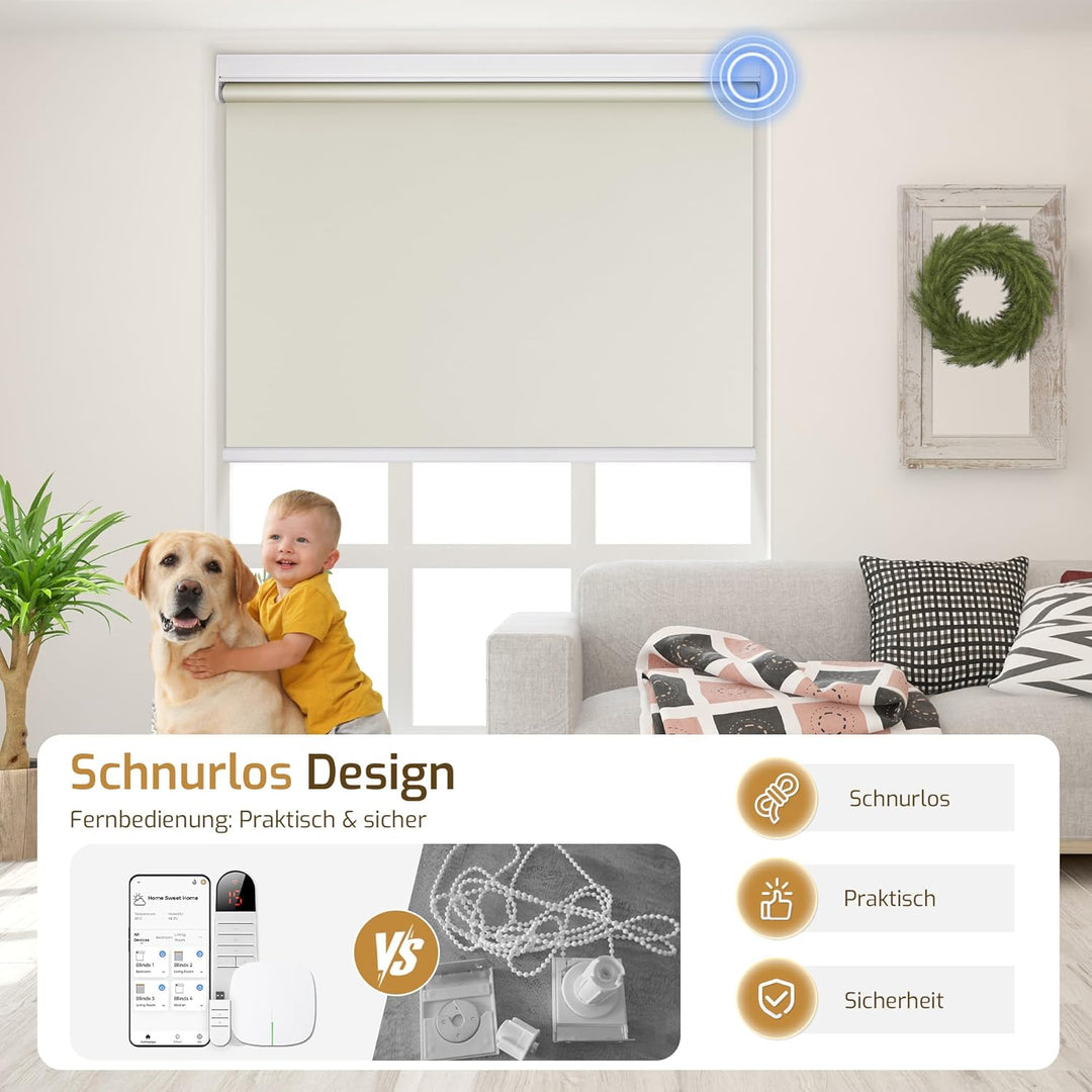 Grandekor Rollo Elektrisch 105x120cm Creme, Elektrisches Verdunklungsrollo Klemmfix ohne/mit Bohren,