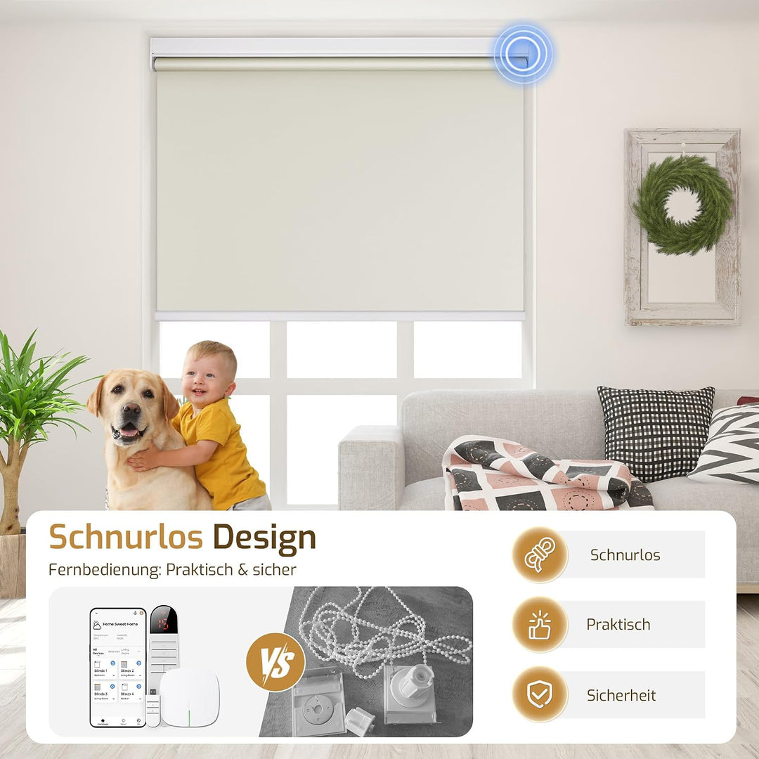 Grandekor Rollo Elektrisch 75x110cm Creme, Elektrisches Verdunklungsrollo Klemmfix ohne/mit Bohren,