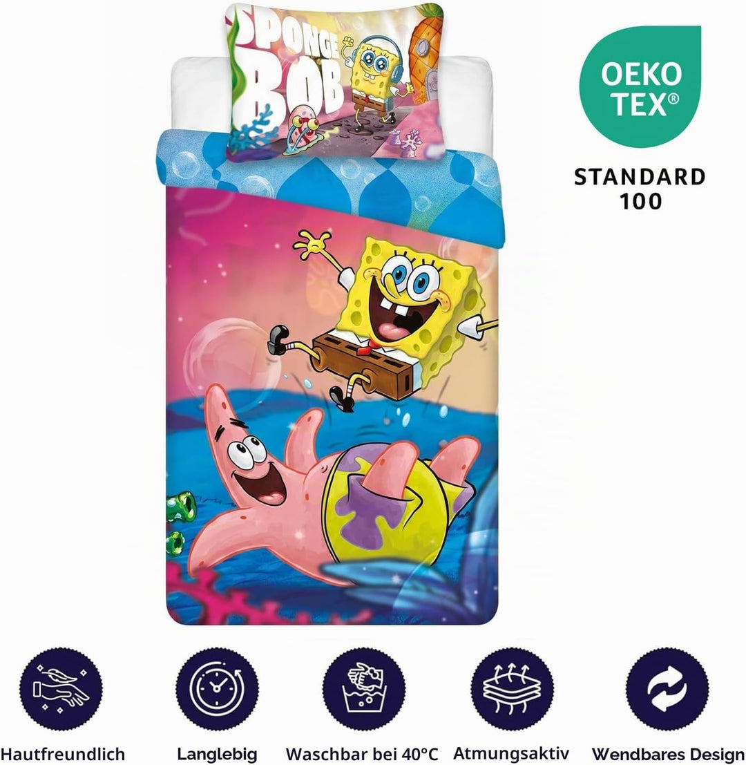 BrandMac Spongebob Schwammkopf Bettwäsche-Set für Kinderbetten | Einzelbett-Bettbezug 140x200 cm mit