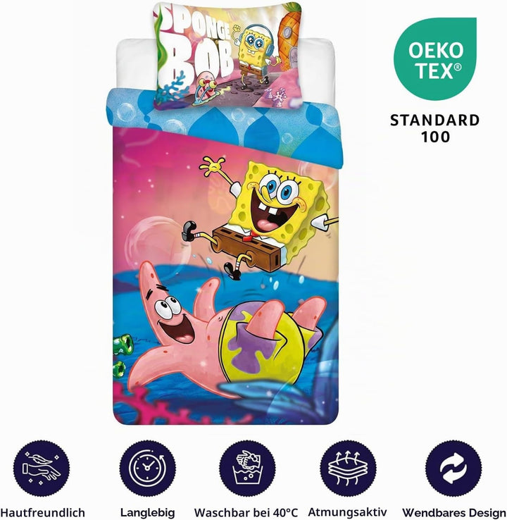BrandMac Spongebob Schwammkopf Bettwäsche-Set für Kinderbetten | Einzelbett-Bettbezug 140x200 cm mit