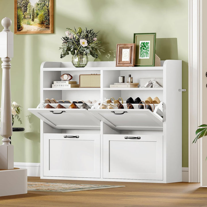 TEENFON Schuhschrank Schmal–105 cm breiter Schuhkipper mit 4 Klappen&amp;2 offenen Fächern, mit verstell