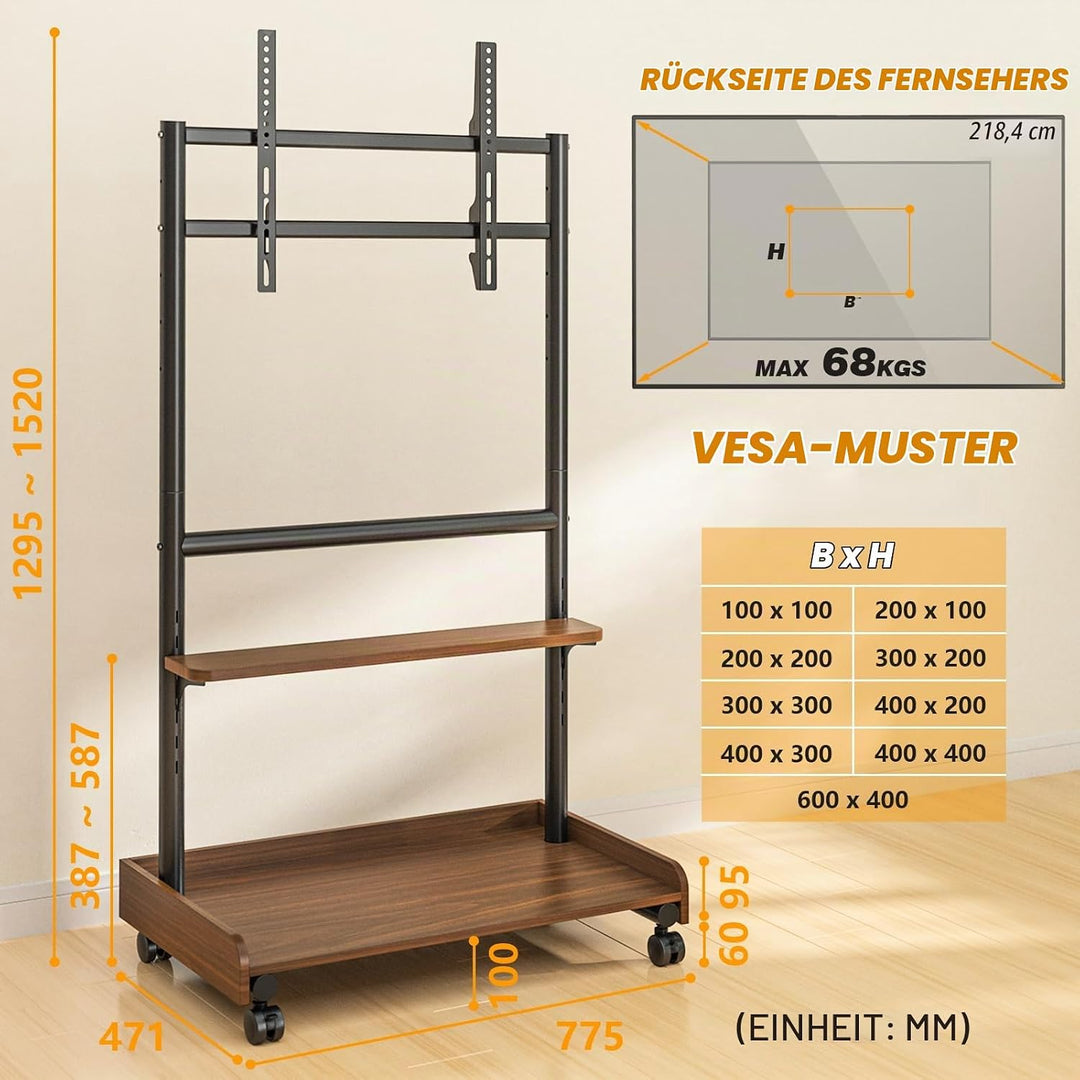 TVON TV Ständer Rollbar TV Rollwagen Für 40 bis 86 Zoll Flach &amp; Curved Fernseher, Höhenverstellbarer