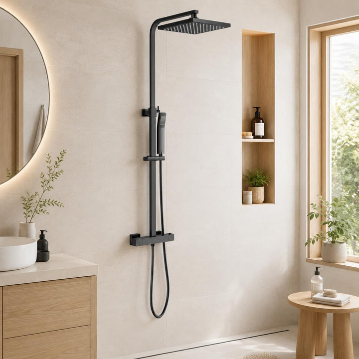 KOMIRO Duschsystem mit Thermostat, Regendusche mit armatur, Duscharmatur Schwarz, Duschgarnitur Kopf