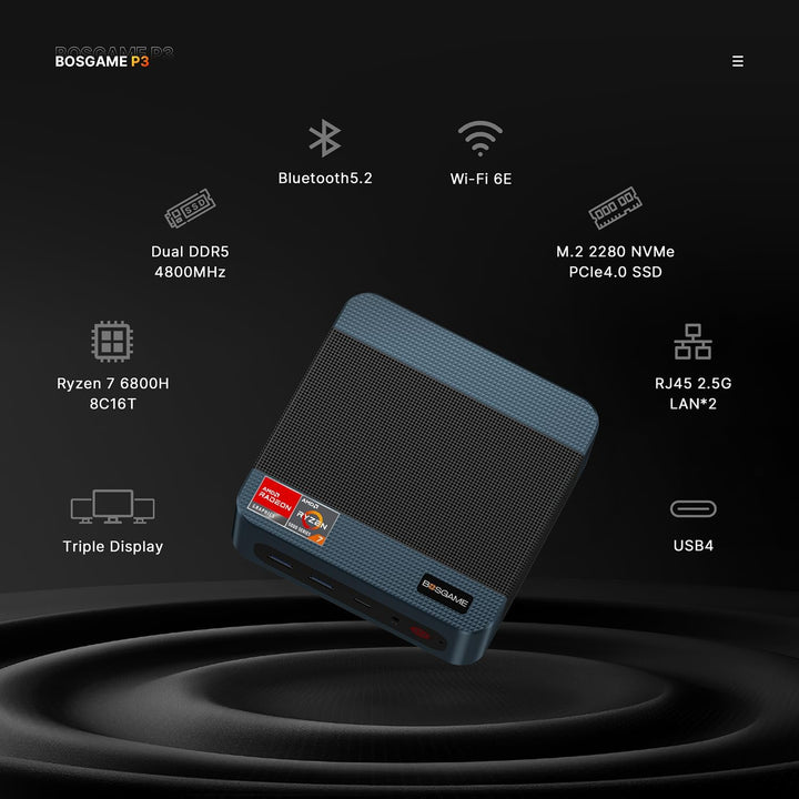 BOSGAME P3 Lite Mini-PC, AMD Ryzen 7 6800H Prozessor bis zu 4.7 GHz, Windows 11 Pro Mini-Computer, 2