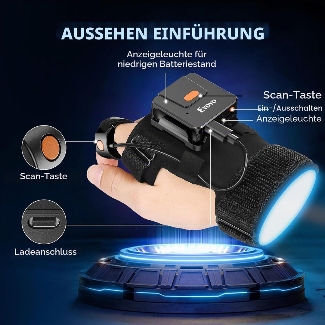 Eyoyo Tragbarer Bluetooth Barcode-Scanner-Handschuh, 1D 2D QR-Code Fingerring-Lesegerät für Linke un